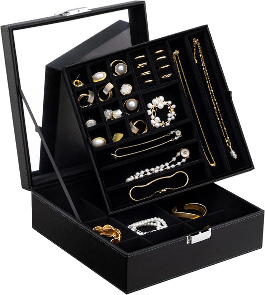 Black Jewelry Box Organizer 2 Layers Large Mirror PU Leather Jewelry Storage Case Drawer with Removable Display Tray for Necklace Earrings Rings Bracelets