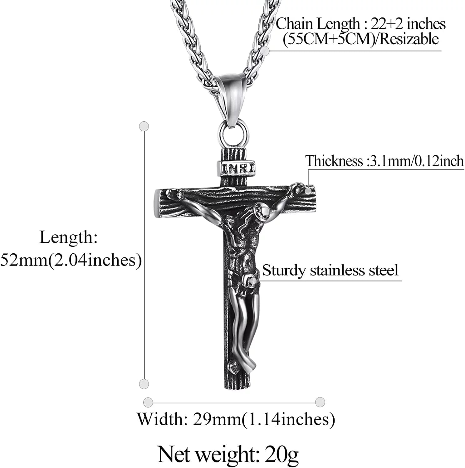 Men Cross Necklace Christian Crucifix Jewelry Stainless Steel Pendant Chain Jesus Christ Lord'S Prayer Pendant with 22Inch,Thanksgiving Day Gift Chain